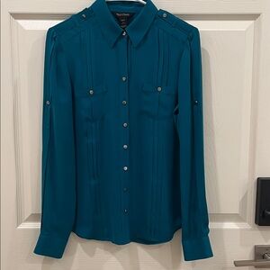 White House Black Market Teal WHBM  Button-Down Shirt  100% silk  Women Size 6